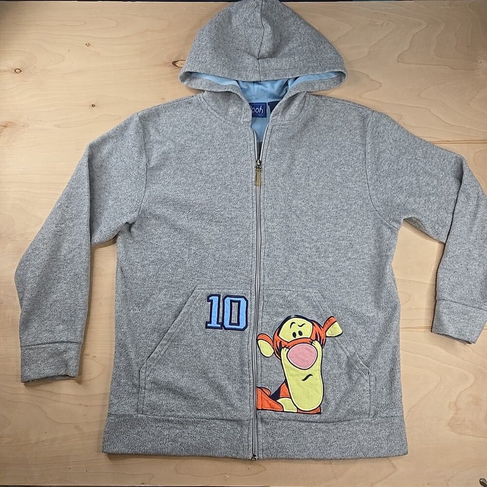 Disney Pooh Tigger 10 Grey Fleece Zip Up Hoodie Size M Vintage Y2K
